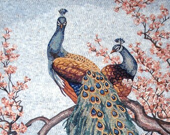 Handmade Peacock Mosaic Tile Art: Cherry Blossom Tree, 64
