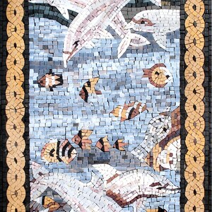 DOLPHIN ART TILES | Fish Mosaic Tiles For New Home Kitchen And House Warming | Fish Artwork Golden Border Backsplash For Kitchen Wall Decor