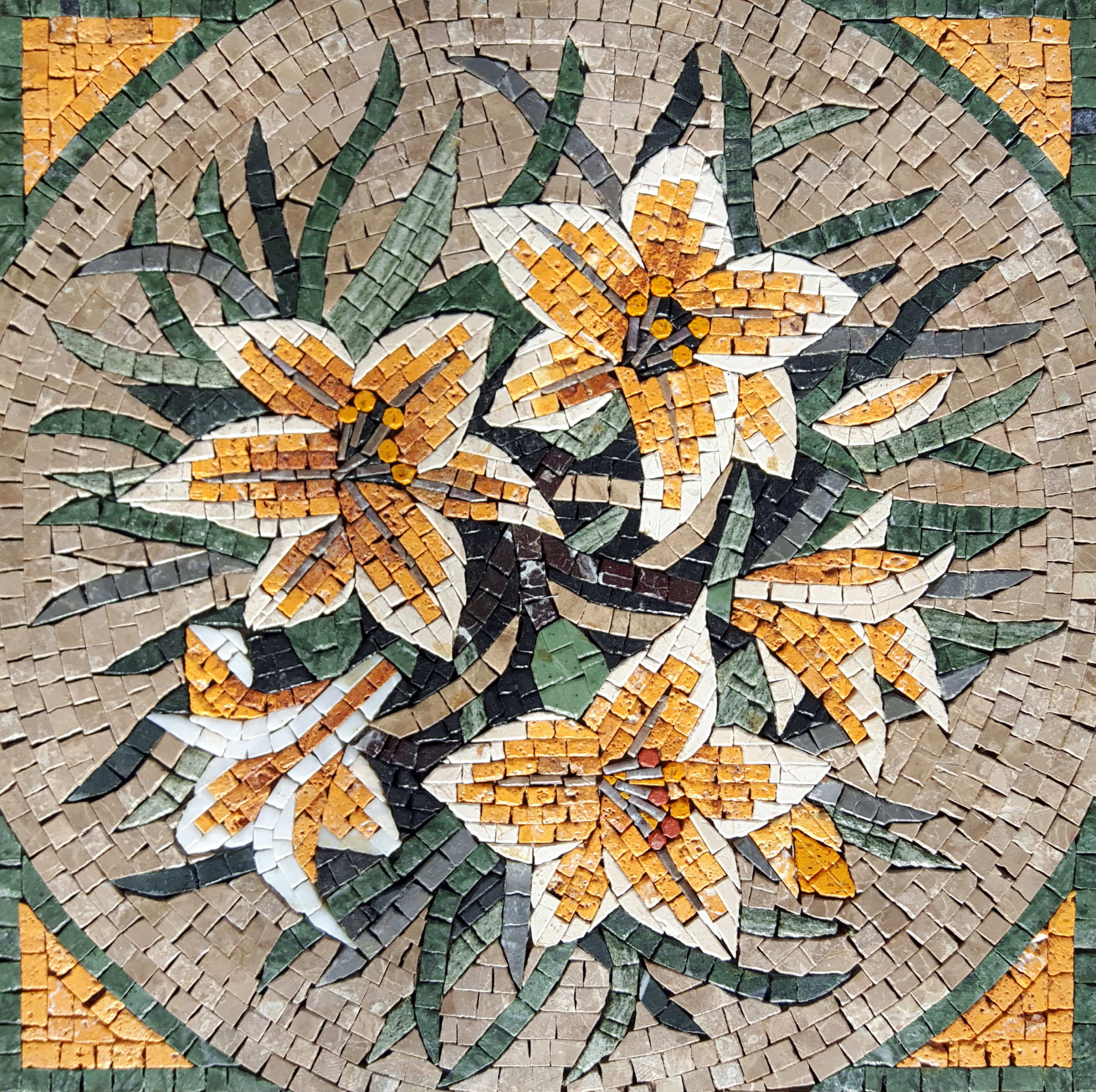 工芸品 Flower base marble color Handmade Marble Mosaic Flower Art: Yellow & White Lilies (20x20