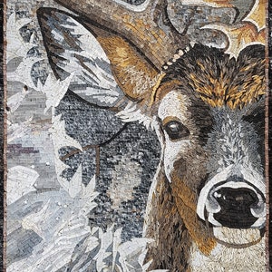 HIRSCH MOSAIK FLIESEN | Wild Jungle Tier Mosaikfliesen für Wohnzimmerwände | Hirschgesicht-Kunstwerkfliesen für Innenhall und Raumdekor