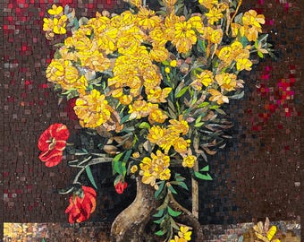 28 "x 24" Rot und Gelb Blumen-Mosaik-Wandkunst - Lebendiges Blumendekor für Zuhause, Anpassung verfügbar