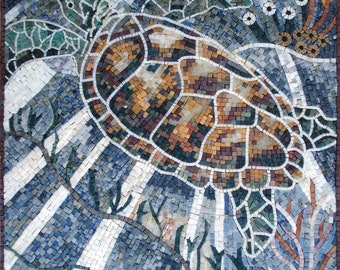 SEA TURTLE ART- Mosaic Tile Art- Aesthetic Naturally Colored Marble Under Water Creature Tile - Home Wall Decoration
