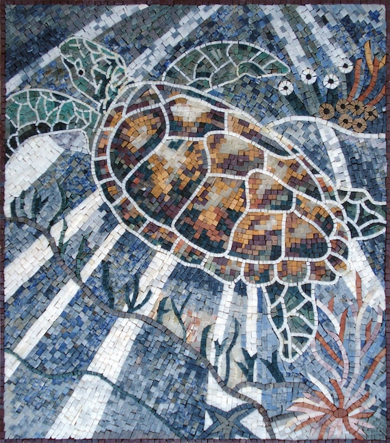 ウミガメのモザイクタイルアート：手作り大理石の壁飾り（32インチ×28