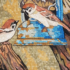NACHTINGALE Mosaikfliesen | Vogel-Mosaikfliesen für House Warming Gift | Zwei NachtigallVögel, Die Auf Ast Der Baumgrafik Für Raumwände Sitzen
