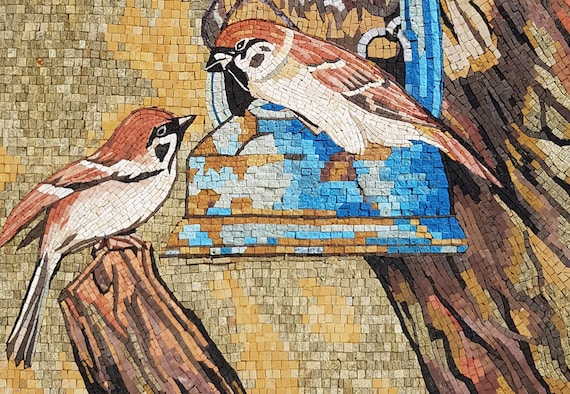 天然石 モザイクアート 鳥図 ハンドメイド 絵画 額なし 手作りのナイチンゲールモザイクタイルアート：枝に止まる鳥、大理石