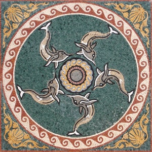 DOLPHIN MOSAIC TILES |Sea Animal Mosaic Murals For Living Room Walls | Dolphin Playing Artwork Tiles For Interior Room Walls Decor