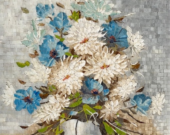 White And Blue  Mosaic Floral Wall Tiles For Kitchen Backsplash| Mosaic Marble Art For New Home Interior Decor