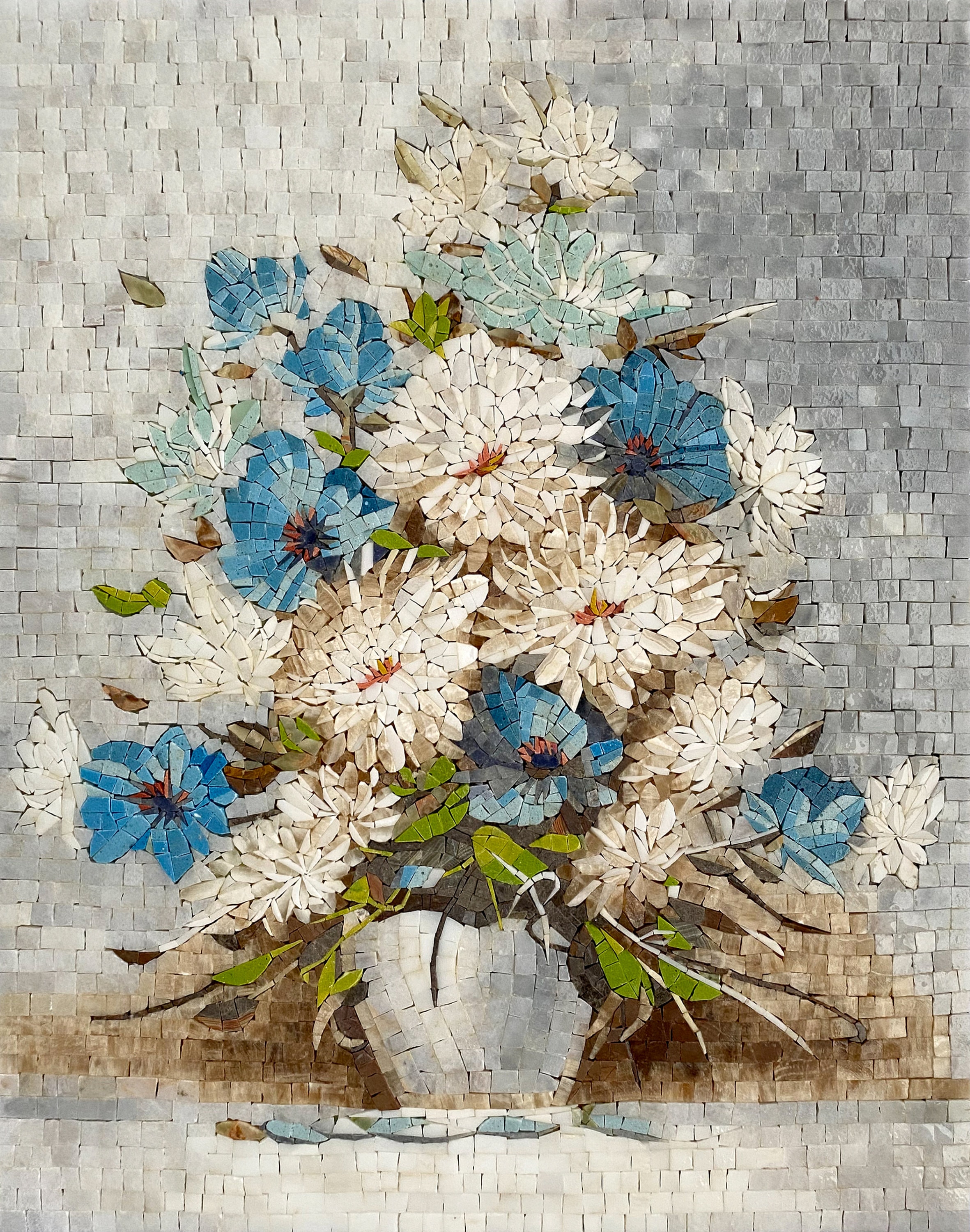 White And Blue  Mosaic Floral Wall Tiles For Kitchen Backsplash| Mosaic Marble Art For New Home Interior Decor