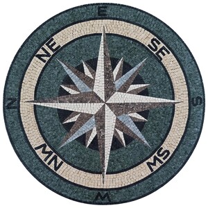 May include: A circular mosaic compass design with a green background and a white star in the center. The compass points are labeled N, E, S, and W. The compass is surrounded by a beige ring with the directions NE, SE, SW, and NW labeled in black.