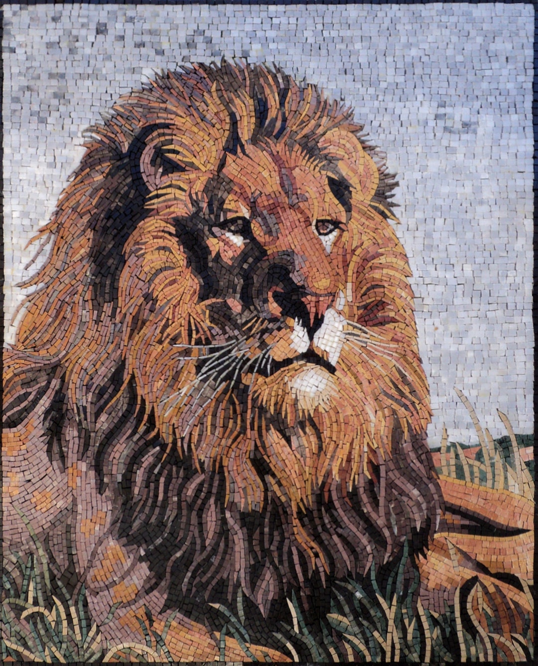 Lion Wall Art Mosaic Mural Tile Aesthetic Proud Regal Lion Portrait Marble Stain Wall Art Tile