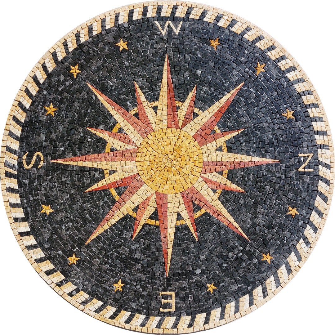 Handmade Compass Rose Mosaic Tile: Marble Medallion Art (32