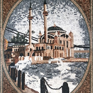 May include: A mosaic artwork depicting a mosque with a minaret and a dome, set against a cloudy sky. The mosque is situated on a waterfront with a pier and a chain.