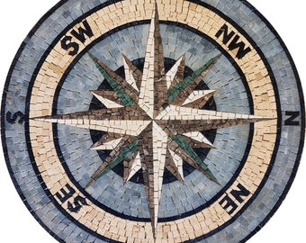 COMPASS MOSAIC MURALS | Round Shape Nautical Mosaic Tiles For Home Floor Decor | Indoor And Outdoor Tiles For New Home Hallway Entry