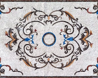 Handgefertigter Marmor Mosaik Teppich: Florales Medaillon Design
