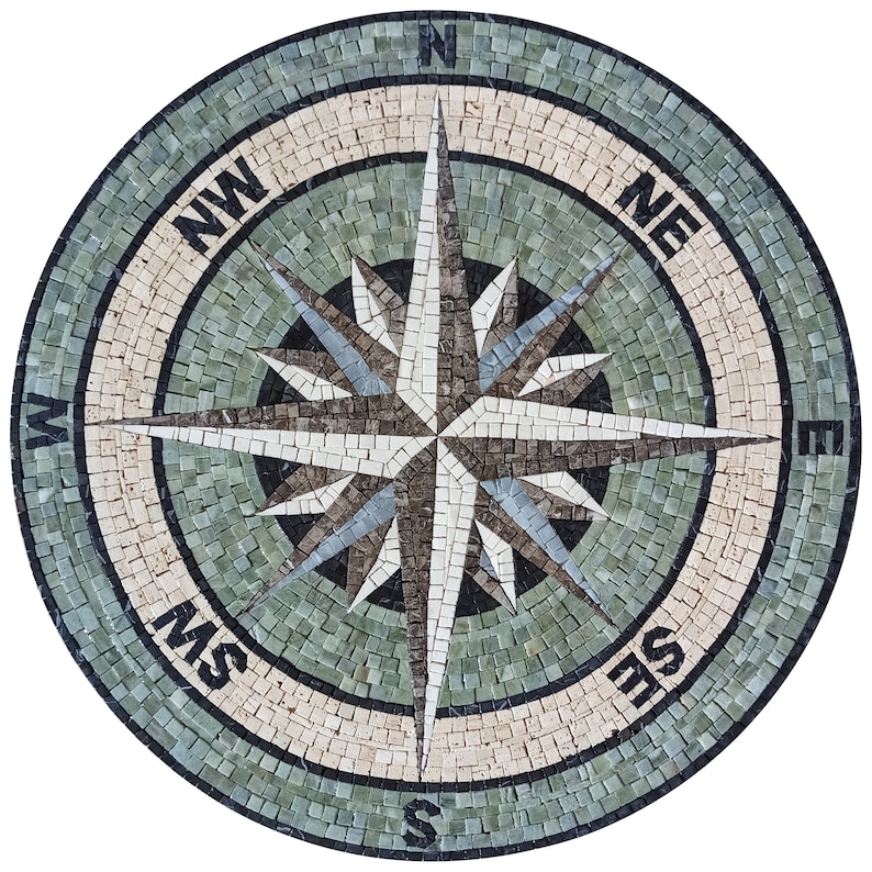 Nautical Compass Mosaic Tile | Handmade Marble Medallion (30 Inch) - Etsy