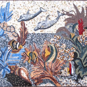 DOLPHIN MOSAIC MURALS| Sea Animal Mosaic Murals For Living Room Walls | Dolphin Swimming Artwork Tiles For Room Walls Decor