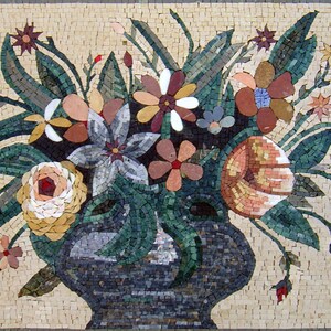 32&quot; Handmade Marble Mosaic Flower Rose Vase Wall Art Home Décor Mosaic Medallion Marble Multicolor Flower Art For Living Room