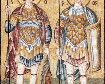 Mosaico artigianale raffigurante i soldatini di Cristo: piastrella decorativa religiosa per la parete dietro il lavello (305 x 203 cm).