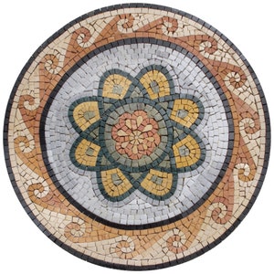 May include: A circular mosaic tile with a floral design in shades of beige, brown, yellow, green, and white. The tile has a decorative border with a swirling pattern.