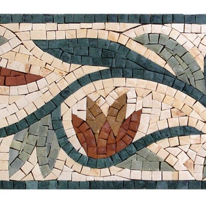 May include: A mosaic tile border featuring a repeating pattern of stylised leaves and flowers in shades of green, brown, and red.