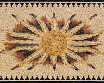 Handmade Marble Mosaic Rug: Flaming Sun Tile Art (56” x 28”)