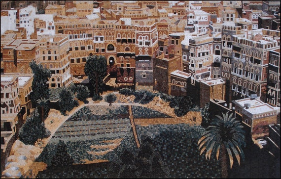 Handmade Yemen Mosaic Mural: Old City Stone Tile Artwork