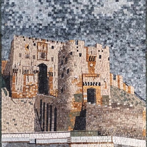May include: A mosaic artwork depicting a stone building with a large arched doorway and a cloudy sky in the background.