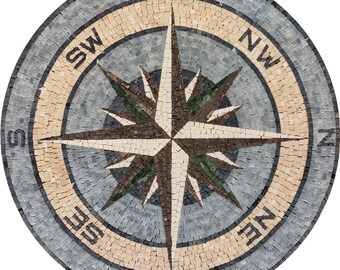 Handmade Marble Compass Rose Mosaic Medallion: Nautical Flooring Tile (32")