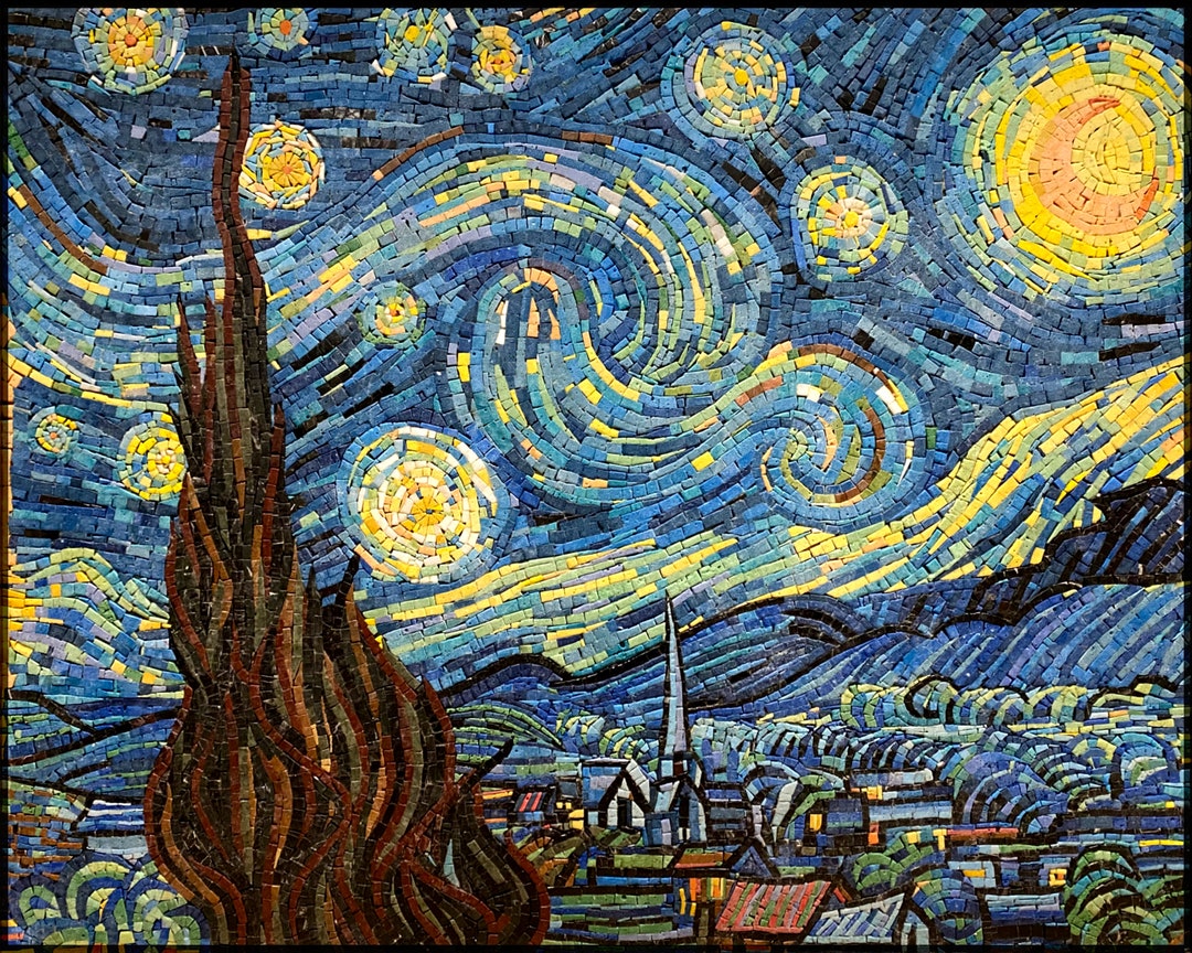 手作り大理石モザイクアート：ゴッホの「星月夜」複製（40インチ×32
