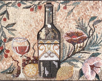Marmurowa mozaika ścienna | Kamienny panel ścienny z motywem ptaków na gałęzi (24” x 18”)