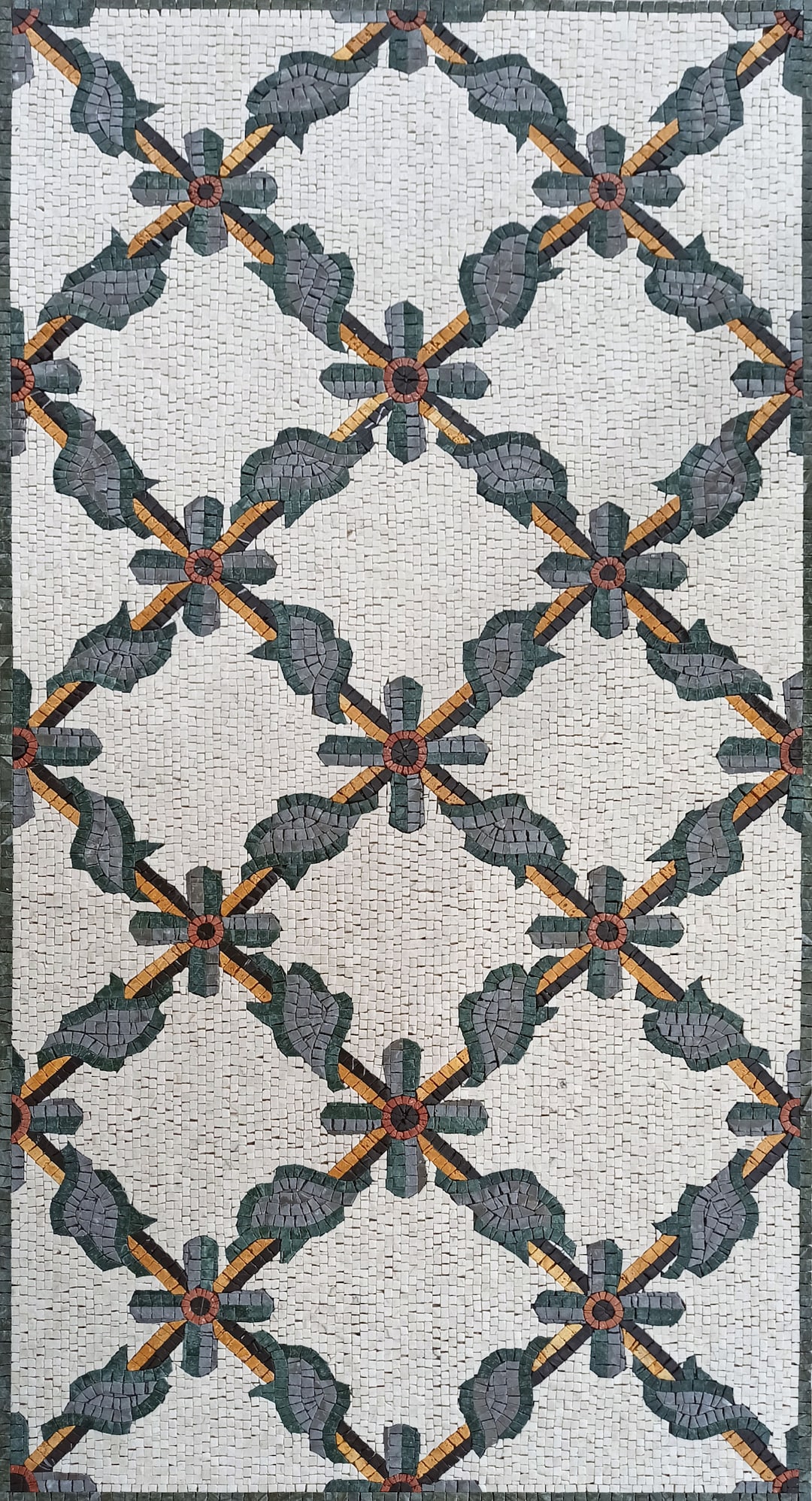 Stone Tile Rug Floral Marble Mosaic Rug: Handmade Stone Tile Carpet (64” X 32