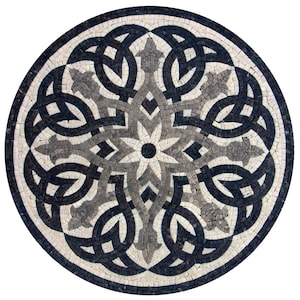 Peut inclure: Motif de carrelage en mosaïque circulaire avec un motif symétrique en nuances de gris, noir et blanc. Le design comprend des formes entrelacées et un motif central en forme d'étoile, idéal pour les sols ou les murs.