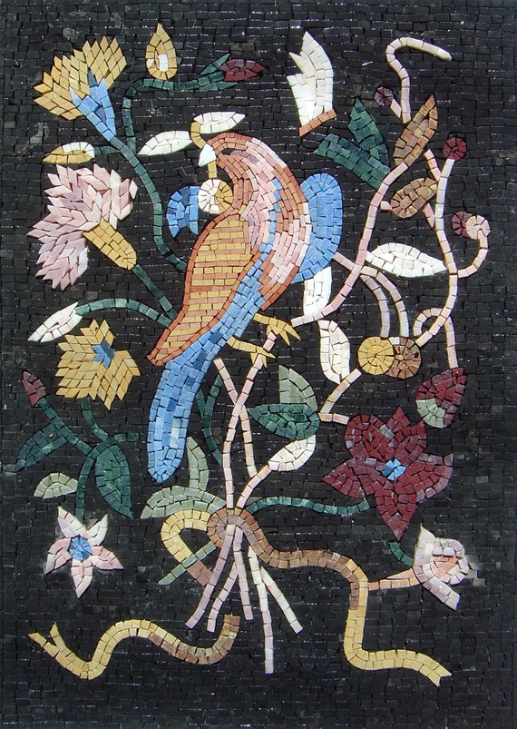 手作りの鳥のモザイクタイルアート：花柄の壁飾り（32x22） - Etsy 日本