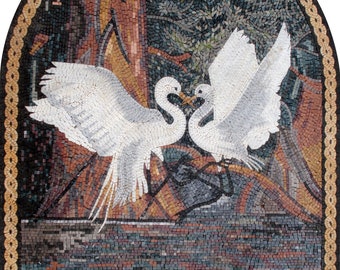 Sparring Cranes Mosaic Tile Art: Handmade Marble Wall Decor (50” x 40")