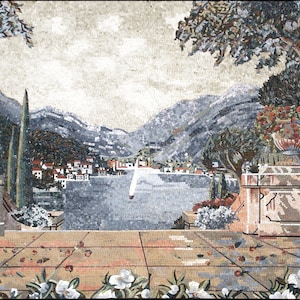 LAKE MOSAIC TILES |Florale und botanische italienische Seelandschaftsmusterfliesen für Wohnzimmerwände | Fliesen für den Innenbereich