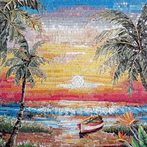 SUNSET MOSAIC TILES |Palm Trees And Boat In Beach Scenery Pattern Tiles For Living Room Walls | Tiles For Interior And Outdoor Entry Walls