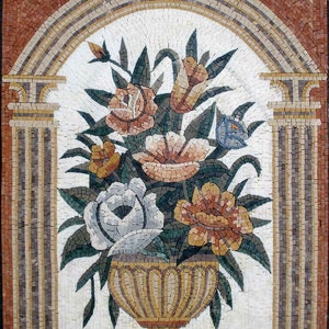 44&quot; Handmade Marble Mosaic Flower Rose Vase Wall Art Home Décor | Floral Mosaic Marble Art For Living Room | New Home Decoration