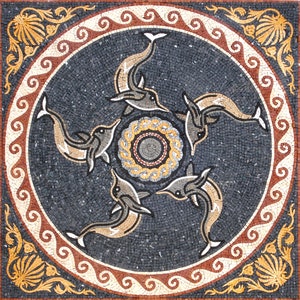 May include: A black and white mosaic tile with a design of four dolphins swimming in a circle. The dolphins are arranged in a way that they form a star shape. The tile is surrounded by a decorative border of red, white, and gold.