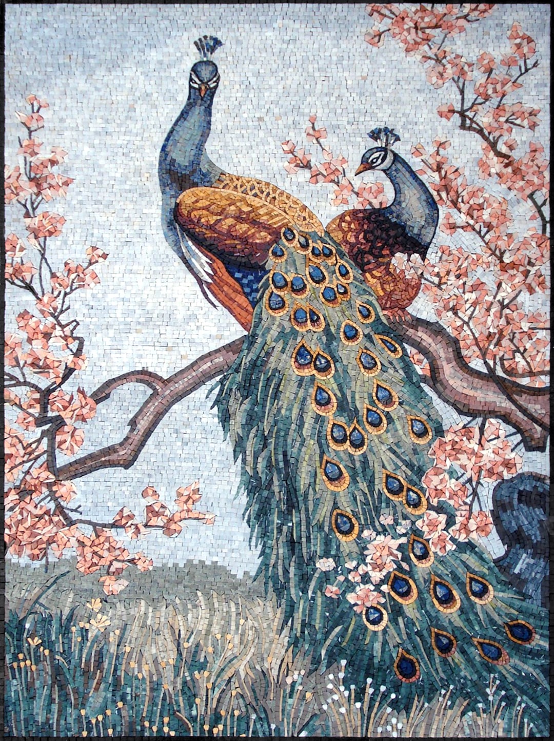 Handmade Peacock Mosaic Tile Art: Cherry Blossom Tree, 64