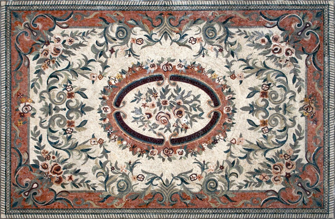 Stone Tile Rug Handmade Marble Stone Mosaic Rug: Floral Art Tile Carpet (92” X 60