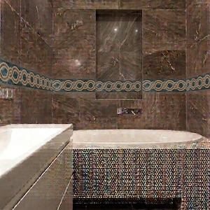 May include: A luxurious bathroom with brown marble walls and a decorative mosaic border. The bathtub is white and has a mosaic tile surround. The bathroom features a built-in niche and a modern faucet.