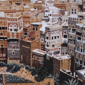 May include: A mosaic artwork depicting a cityscape with multiple buildings in a Middle Eastern style. The buildings are made of small, colourful tiles and have intricate details. The artwork is set against a background of a clear blue sky.