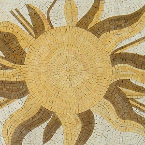 May include: A mosaic tile sun design with a yellow center and brown rays. The sun is made of small square tiles.