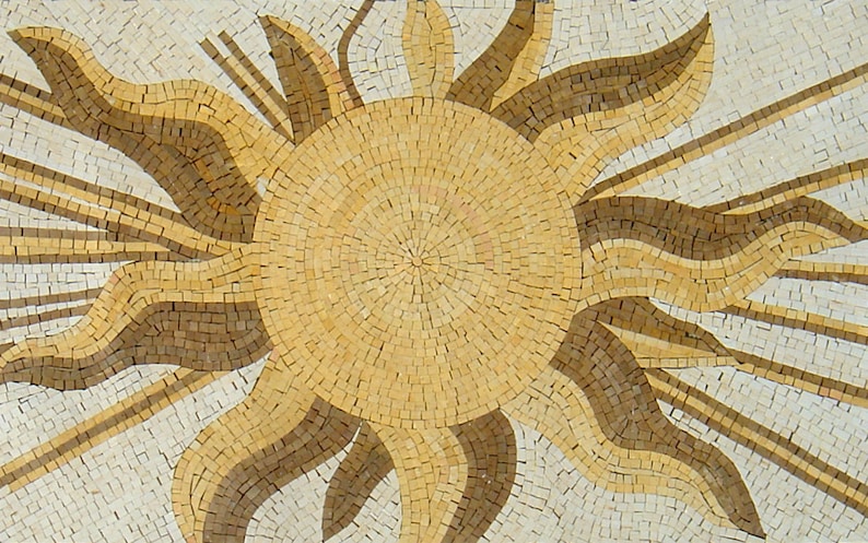 May include: A mosaic tile sun design with a yellow center and brown rays. The sun is made of small square tiles.