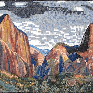 MOUNTAIN MOSAIK FLIESEN | Berg bei blauem Himmel und Wald Meisterstück Kunstwerk Fliesen für Wohnzimmerwand | Antike klassische Kunstfliesen für Wände