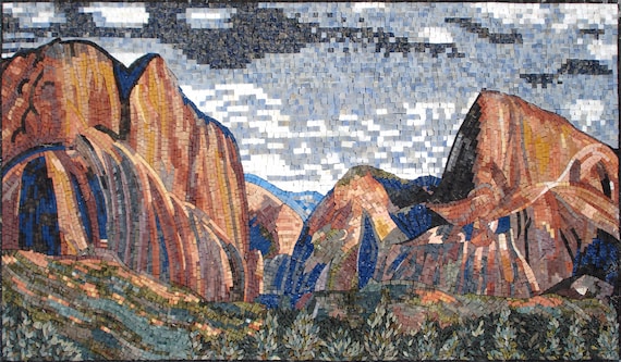 絵画　【Mountain Mosaic】　ロバート・A・ティノ Handmade Mountain Mosaic Tile Art: Stone & Marble Wall Decor (58