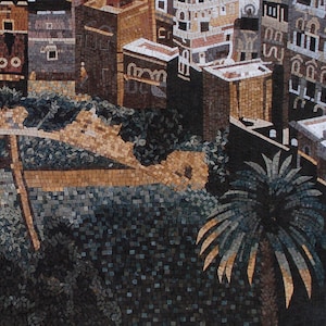 May include: A mosaic artwork depicting a cityscape with buildings, trees, and a garden. The buildings are made of small, colourful tiles and have intricate details. The trees are green and lush, and the garden is filled with flowers. The artwork is a beautiful example of mosaic art.