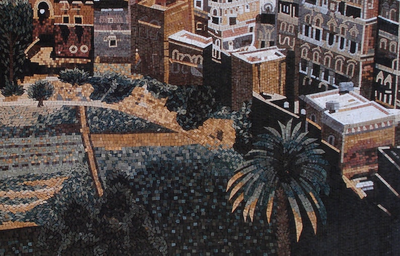 May include: A mosaic artwork depicting a cityscape with buildings, trees, and a garden. The buildings are made of small, colourful tiles and have intricate details. The trees are green and lush, and the garden is filled with flowers. The artwork is a beautiful example of mosaic art.