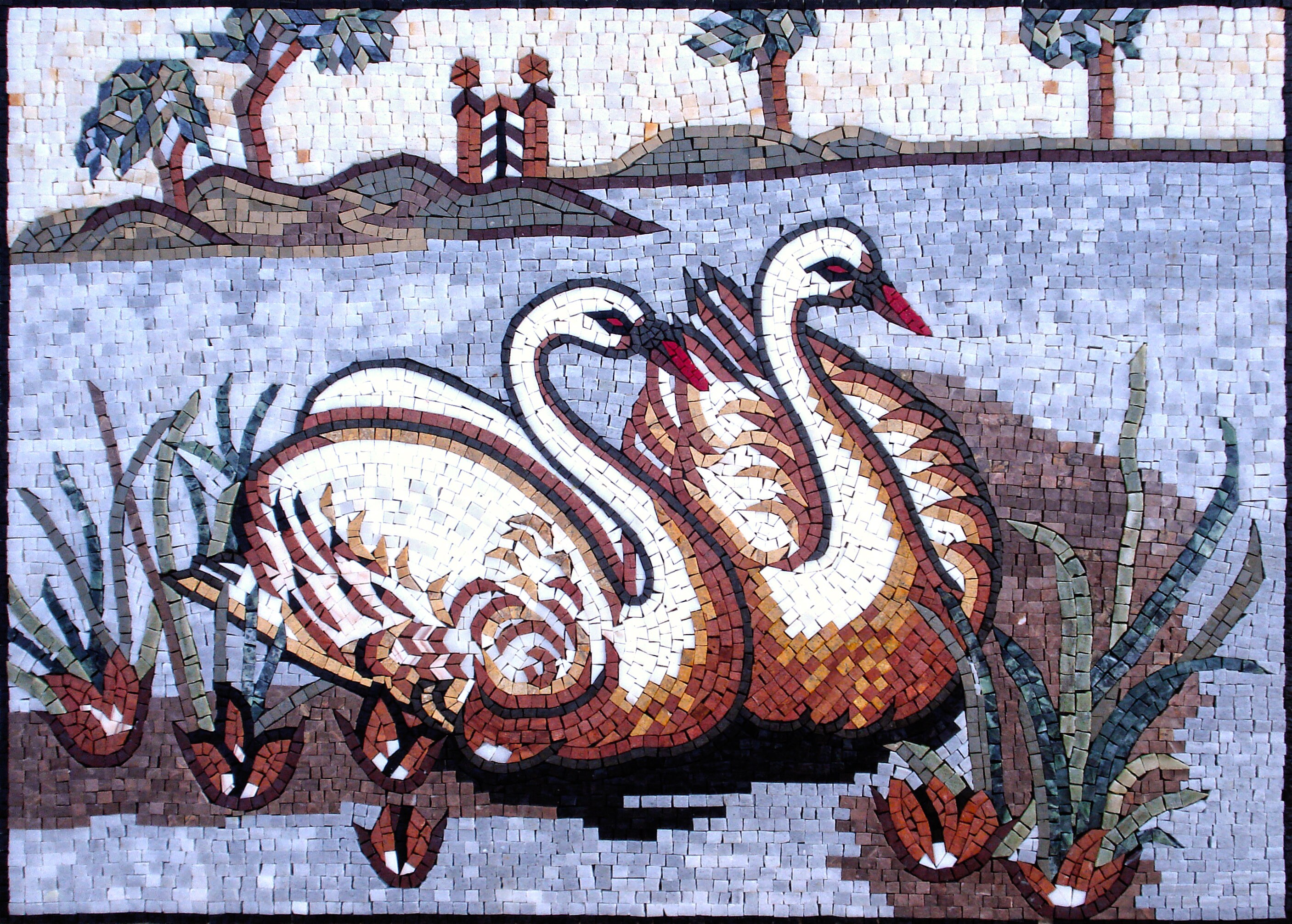 手作りの白鳥のモザイクタイルアート：静かな池の風景を描いた壁飾り