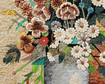 手作りの花柄モザイクタイルアート：大理石の花瓶のバックスプラッシュ